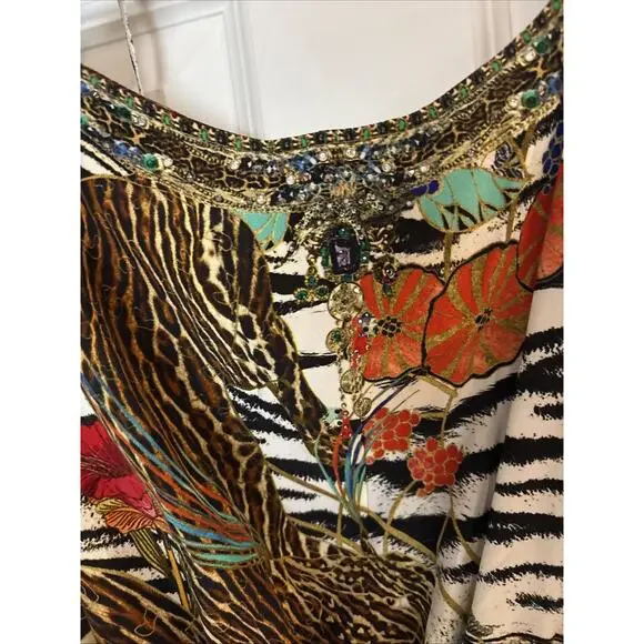 Camilla Womens BLACK WHITE Tiger Silk Romper Multi color sz Med pockets crystals - Picture 8 of 15